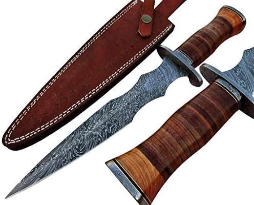 Handmade Damscus steel leather handle Knife  - Poshland