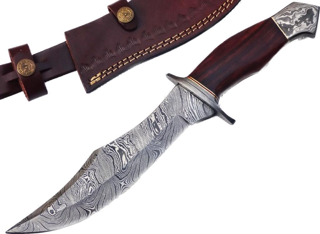 Damascus Steel 13 Inches & 13.5 Inches Hunting Knife - Rose Wood/Leaather Handle - Poshland 