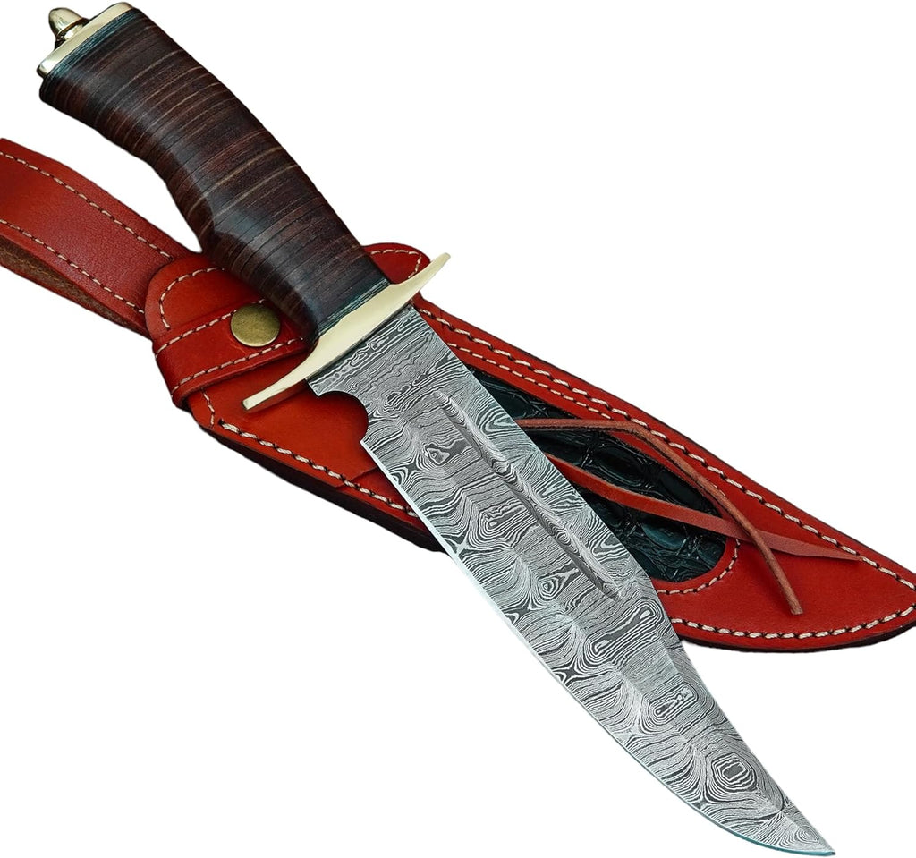 Damascus Steel 13 Inches & 13.5 Inches Hunting Knife - Rose Wood/Leaather Handle - Poshland 
