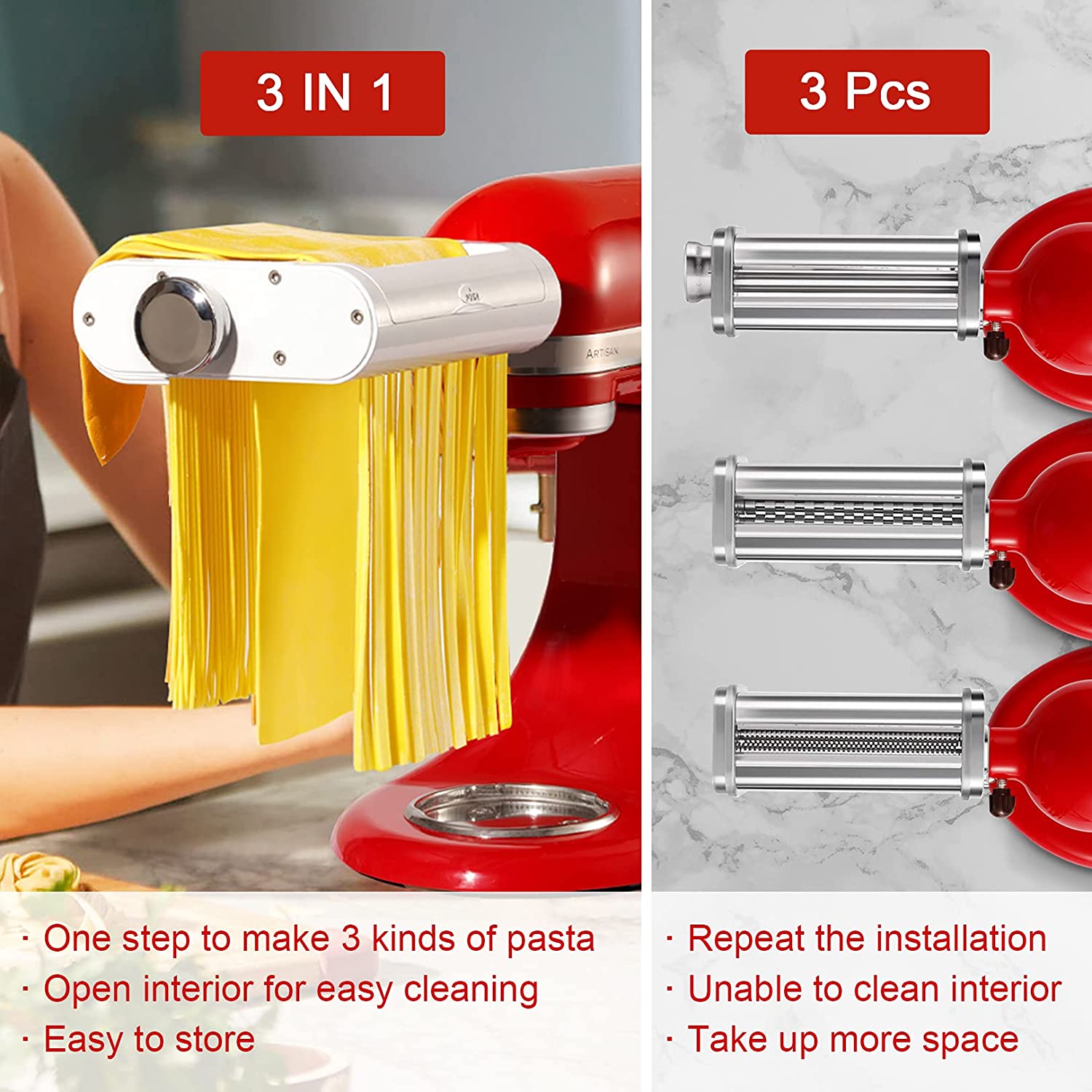 3 Piece 3 IN 1 For KitchenAid Pasta Roller Maker Stand Mixers